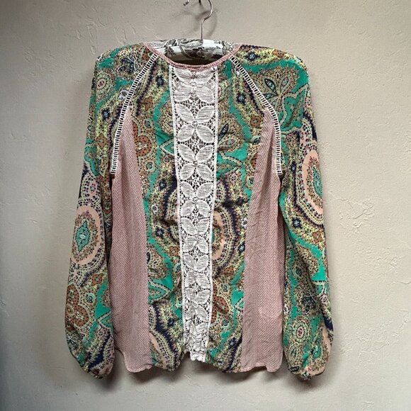 Anthropologie Meadow Rue Womens Lace Inset Floral Boho Top Small Long Sleeve - Picture 2 of 7